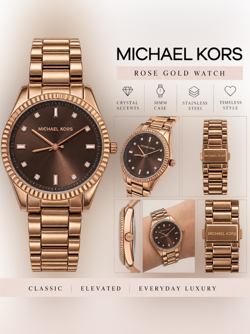 Michael Kors Rose Gold Watch with Brown Sunray Dial